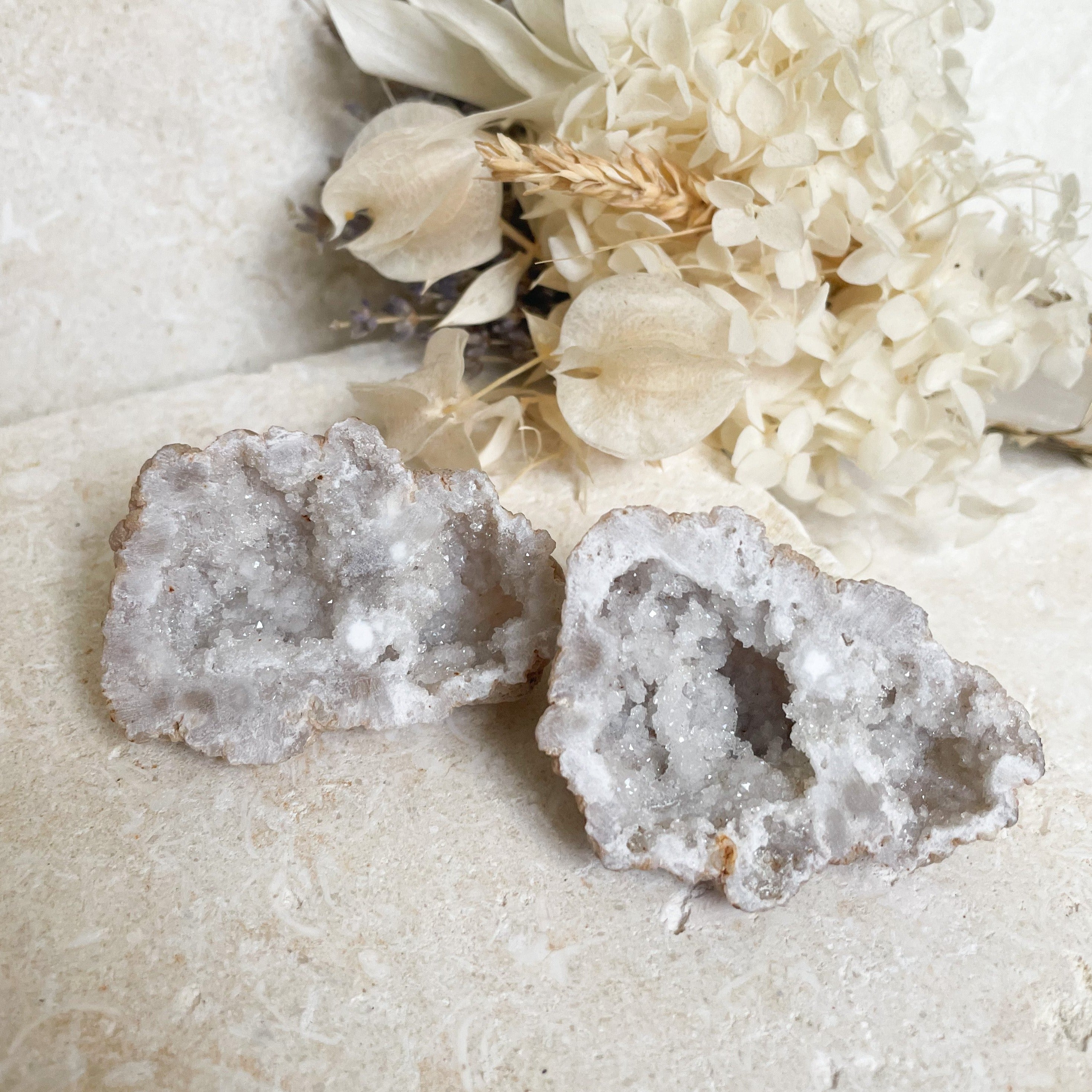 White Agate Geode Set 6 Moonstone Energy